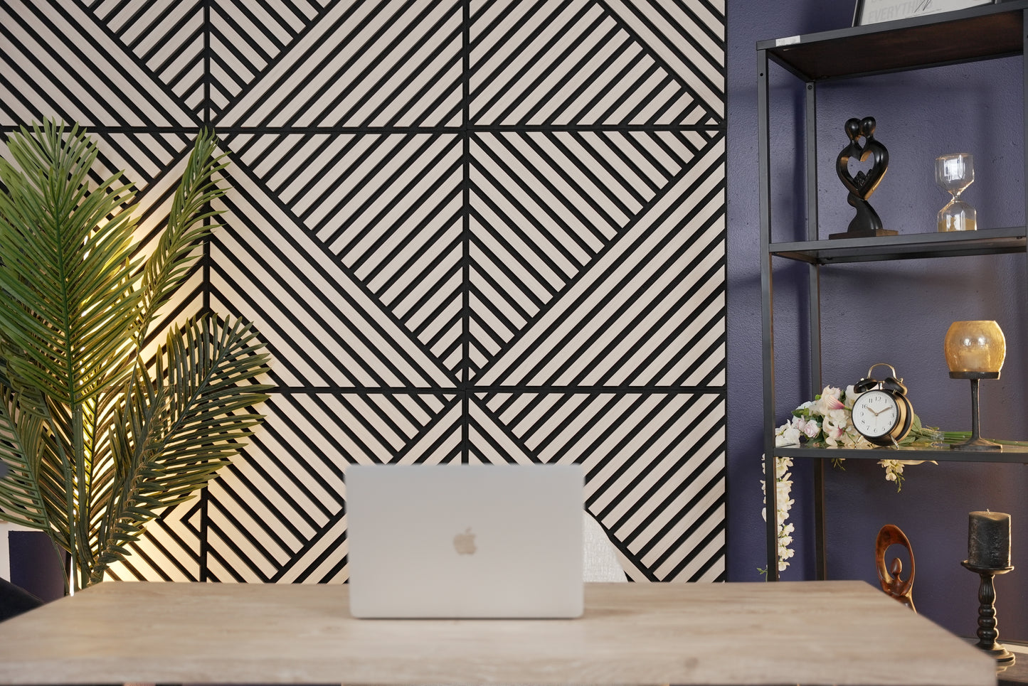 Modern interior with diamond-shaped acoustic panels, and natural office aesthetics vibe.