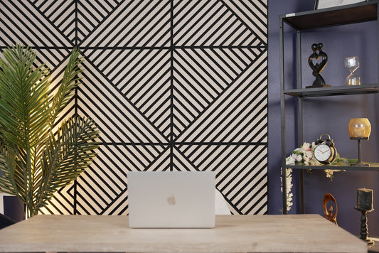 Modern interior with diamond-shaped acoustic panels, and natural office aesthetics vibe.