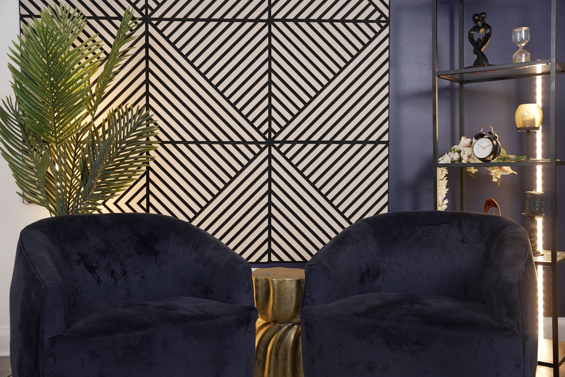  Two velvet navy accent chairs and a minimalist aesthetics