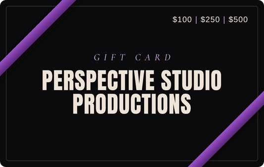 Perspective Studio Productions gift card in black with a purple ribbon, $100, $250 or $500